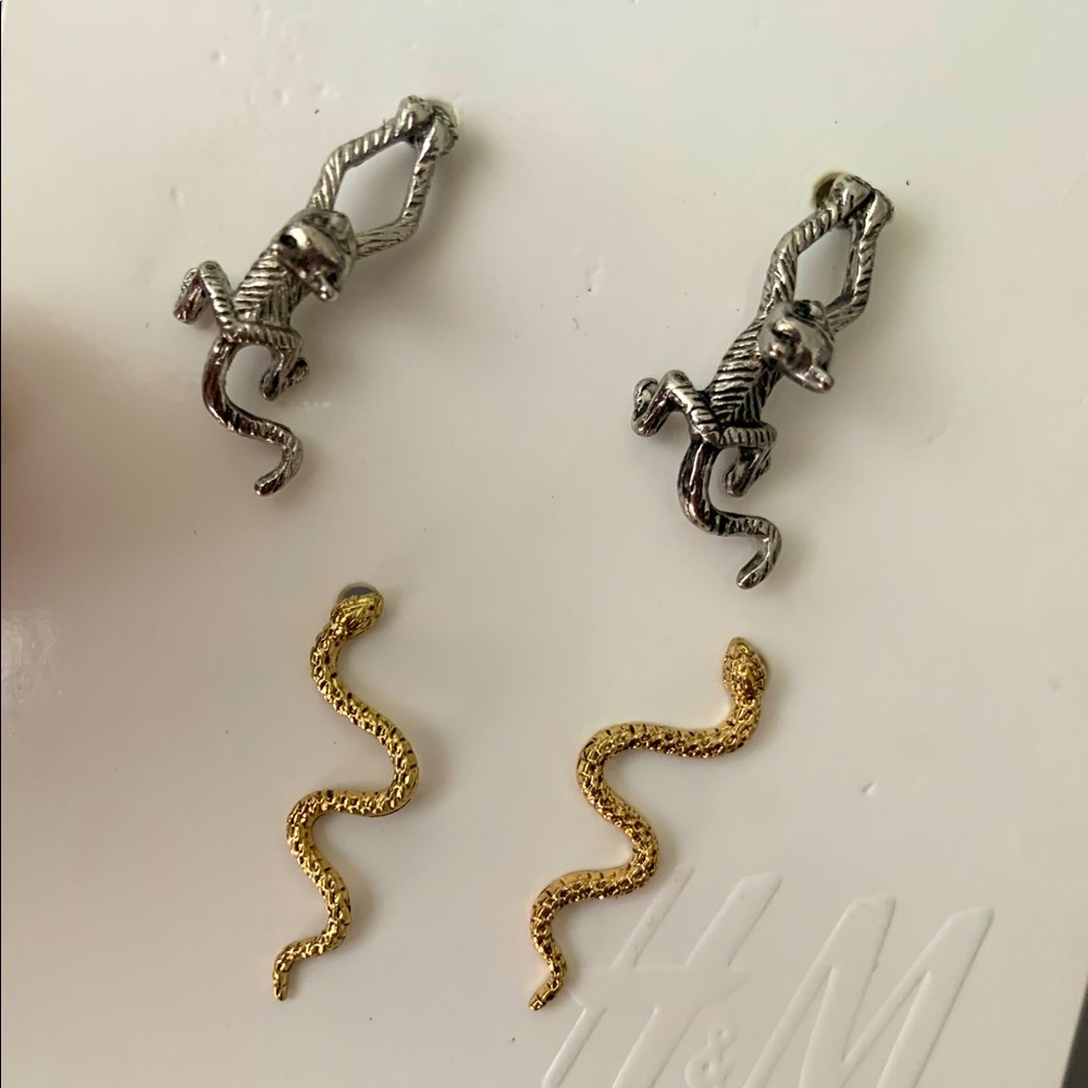 H&M Earrings Set of 2 Golden Snake and Silver Monkey